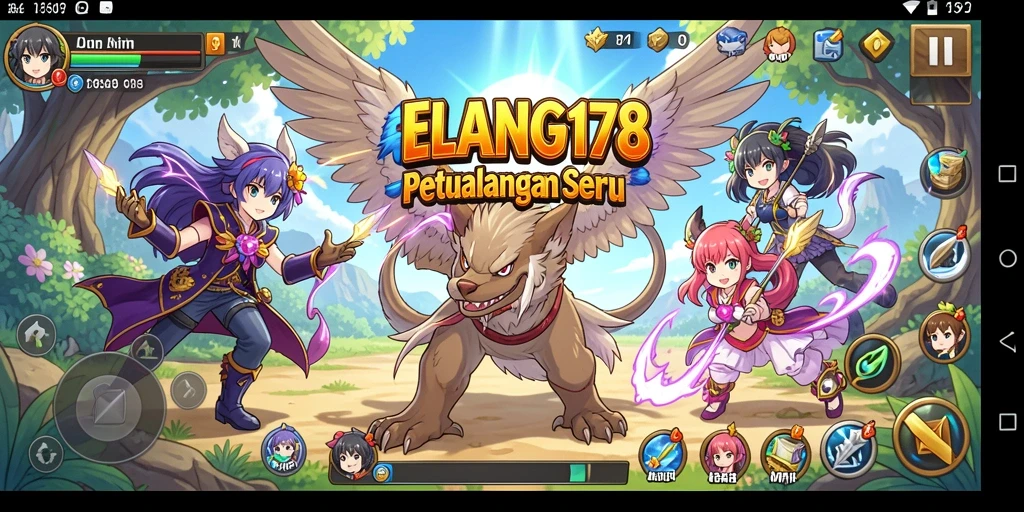 Tampilan gameplay ELANG178 yang penuh warna dan karakter anime ikonik.