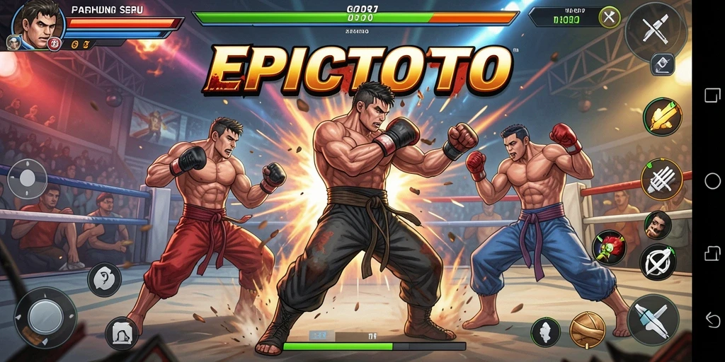 Screenshot gameplay EPICTOTO menampilkan aksi pertarungan seru dalam arena.