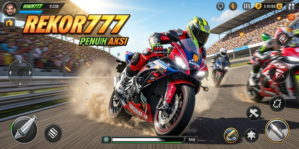 Screenshot utama REKOR777 menampilkan aksi balapan motor yang mendebarkan.