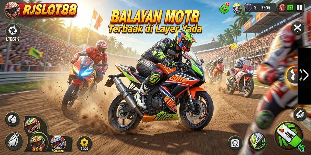 Tampilan menawan dari gameplay RJSLOT88 saat balapan motor di trek.