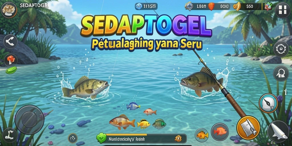 Screenshot SEDAPTOGEL menampilkan aksi seru memancing di lautan yang indah.